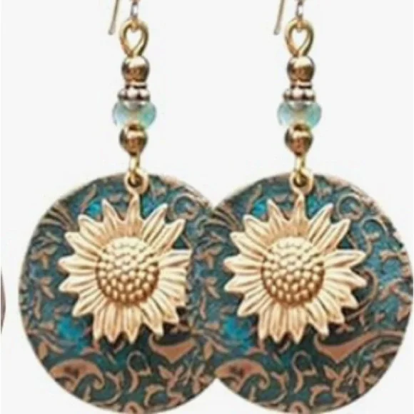 Gold and Blue Sunflower Earrings - Picture 4 of 4